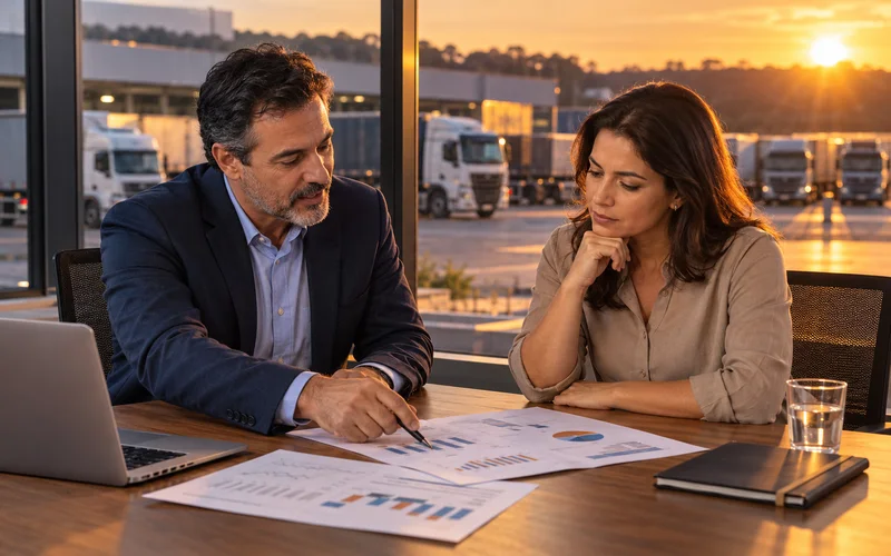 Corretor e gestora de transportadora analisam uma proposta, com caminhões ao fundo